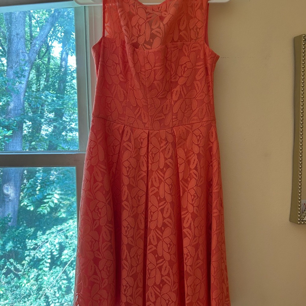 London Times Orange Pink Pleated Midi Dress Scoop Neck